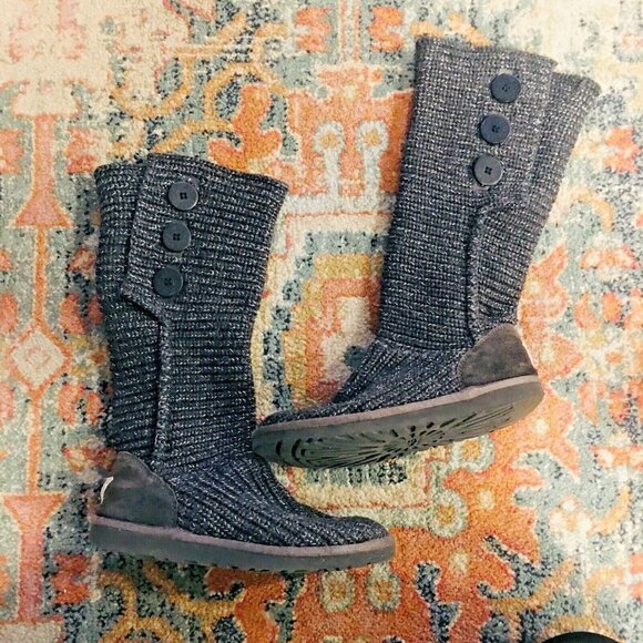UGG Australia Gray Classic Cardy Ribbed Knit Tall Slip On Wood Button Boots 8 - Picture 3 of 11